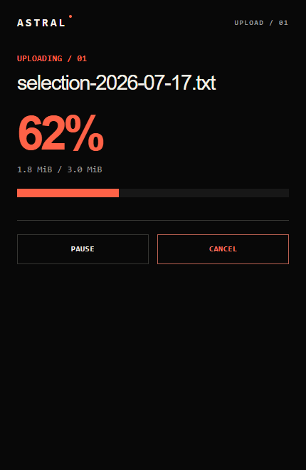 Astral upload progress window at 62 percent